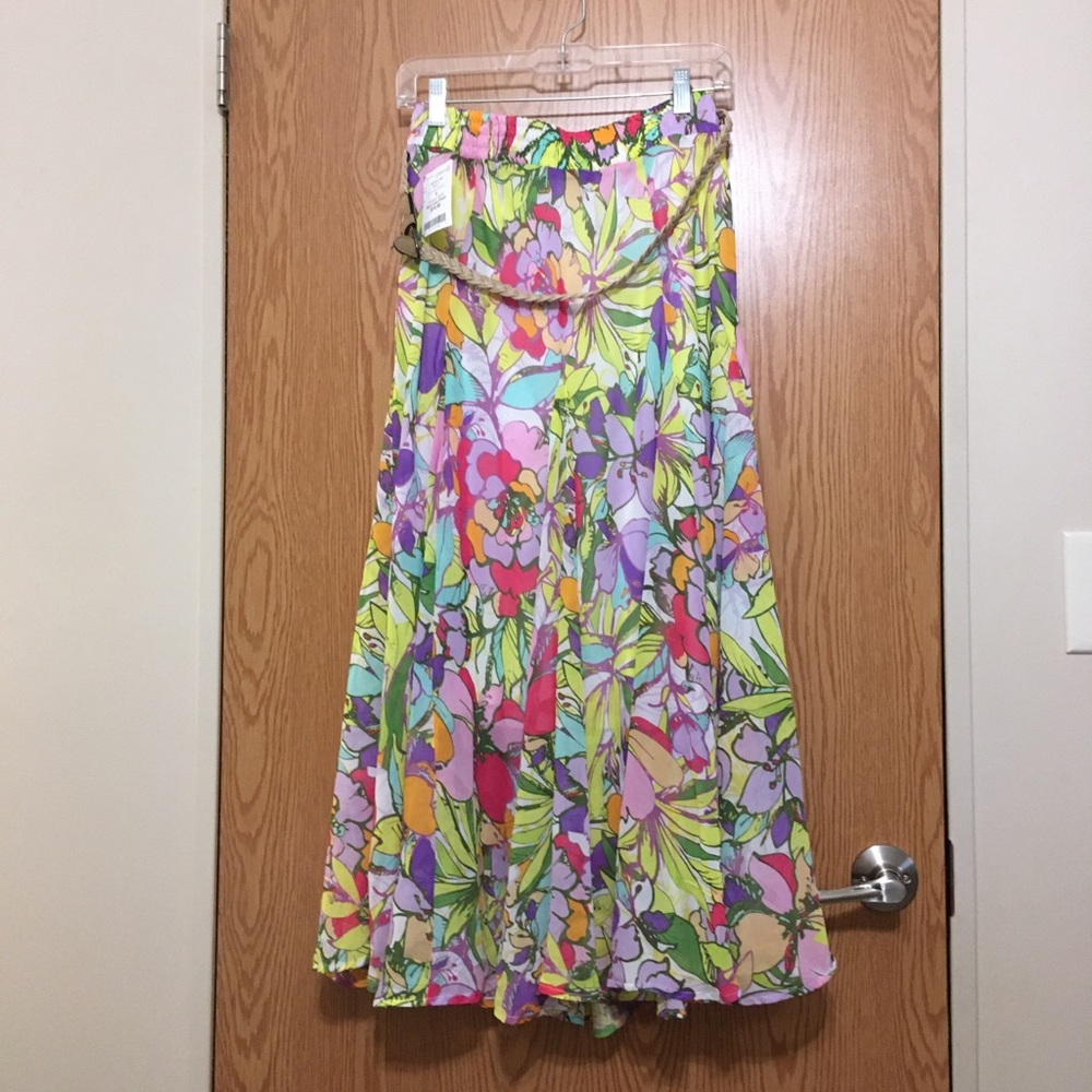 Lapis Green and Pink Flare Skirt with Elastic Waist and belt